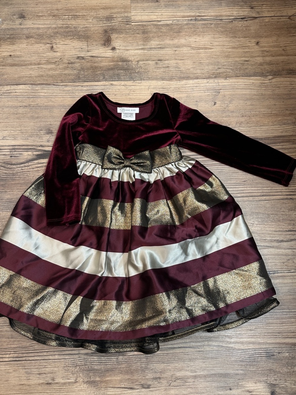 Bonnie Jean Maroon & Gold Striped Velvet Party Dress